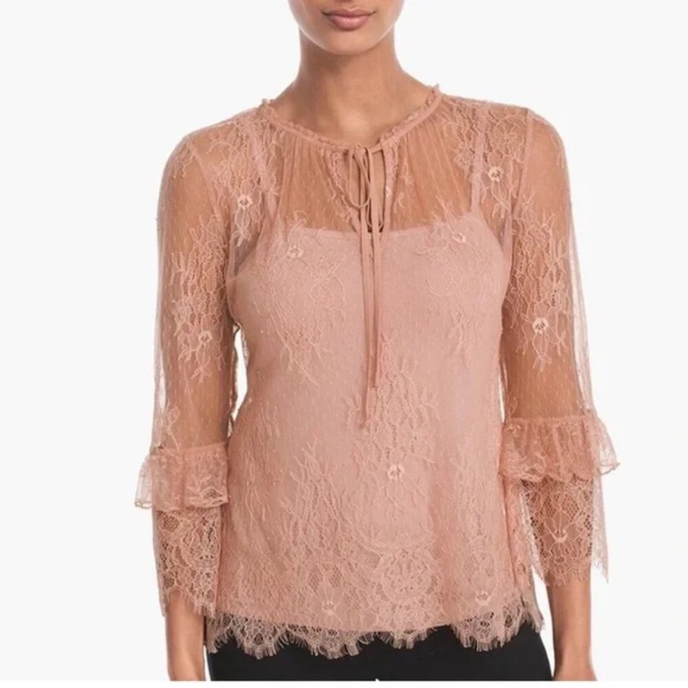 WHBM Long-Sleeve Lace Ruffle Blouse Womens S Antique Blush Cami Boho Peasant
